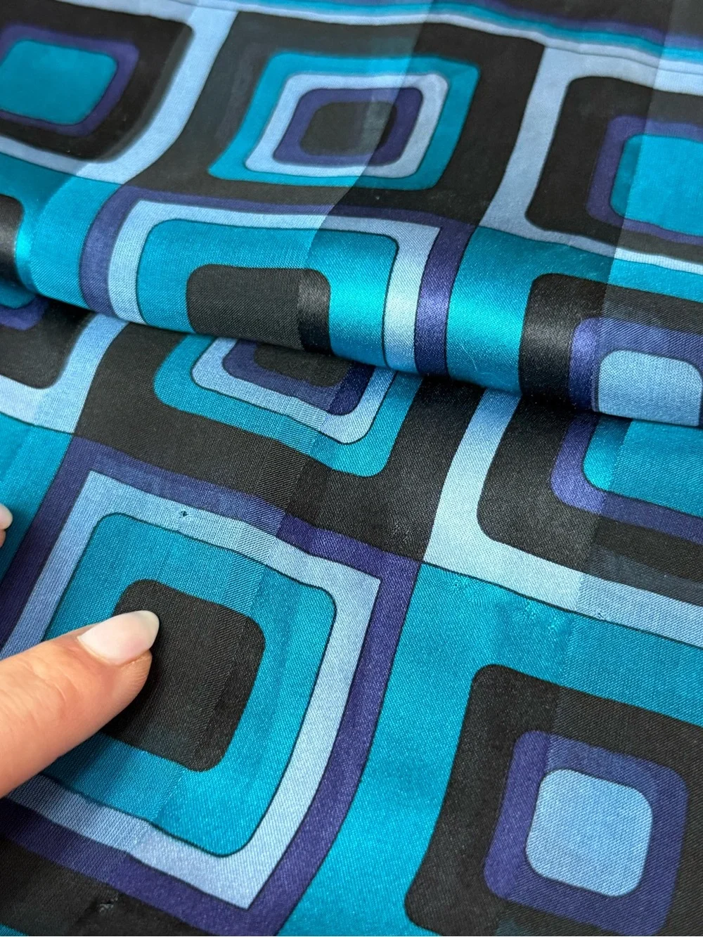 Casual Corner Blue Black Geometric Silk Scarf Retro Mod Print